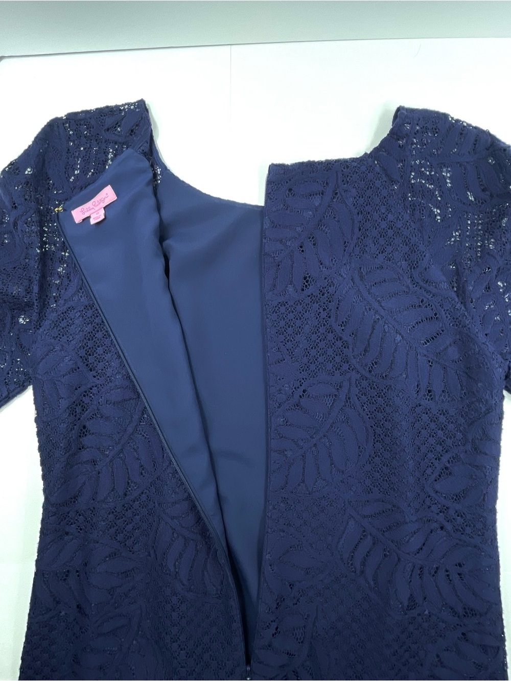 LILLY PULITZER Rylee Shift Dress Navy Blue Palm Leaf Lace Lined Size 12 - Picture 4 of 10